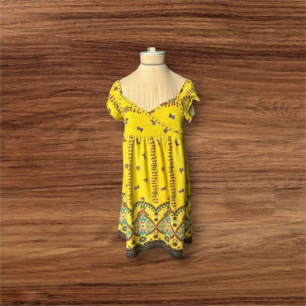 Doki Geki Yellow Floral Babydoll Dress Boho Summer Size Small